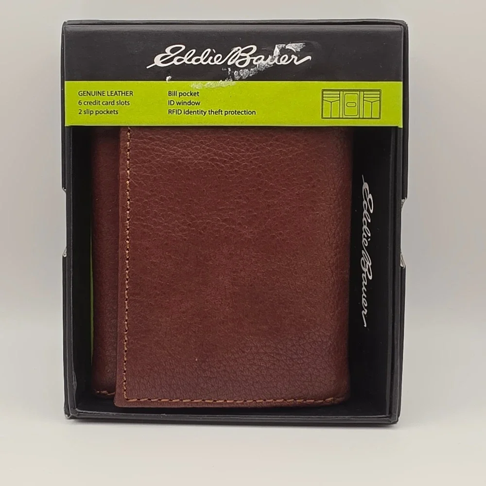 Eddie Bauer Mens Trifold Wallet Brown Pebbled Leather RFID Protection